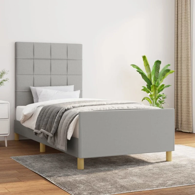 Sengeramme 80x200 cm i lysegråt stof med justerbar gavl