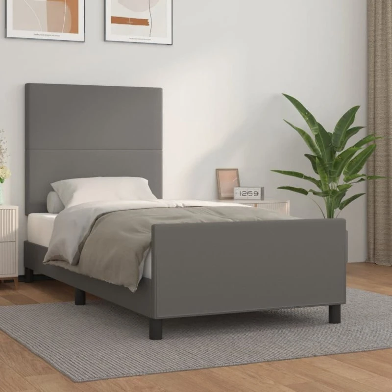 Sengeramme med sengegavl 100x200 cm i gråt kunstlæder