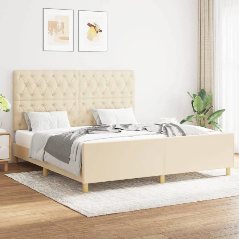 Sengeramme 160x200 cm stof creme med justerbar gavl