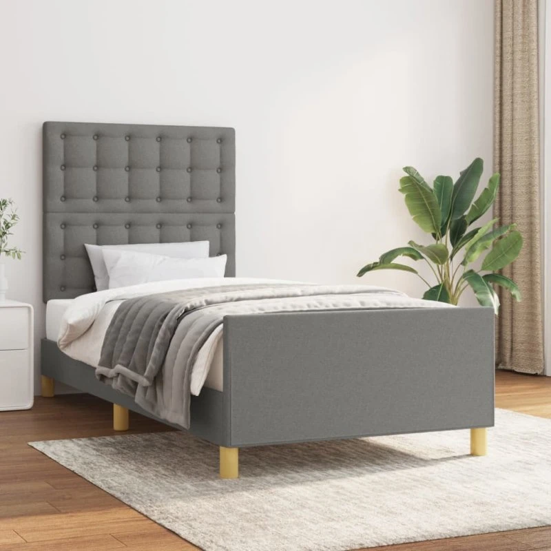 Sengeramme med sengegavl 90x190 cm – mørkegrå stof
