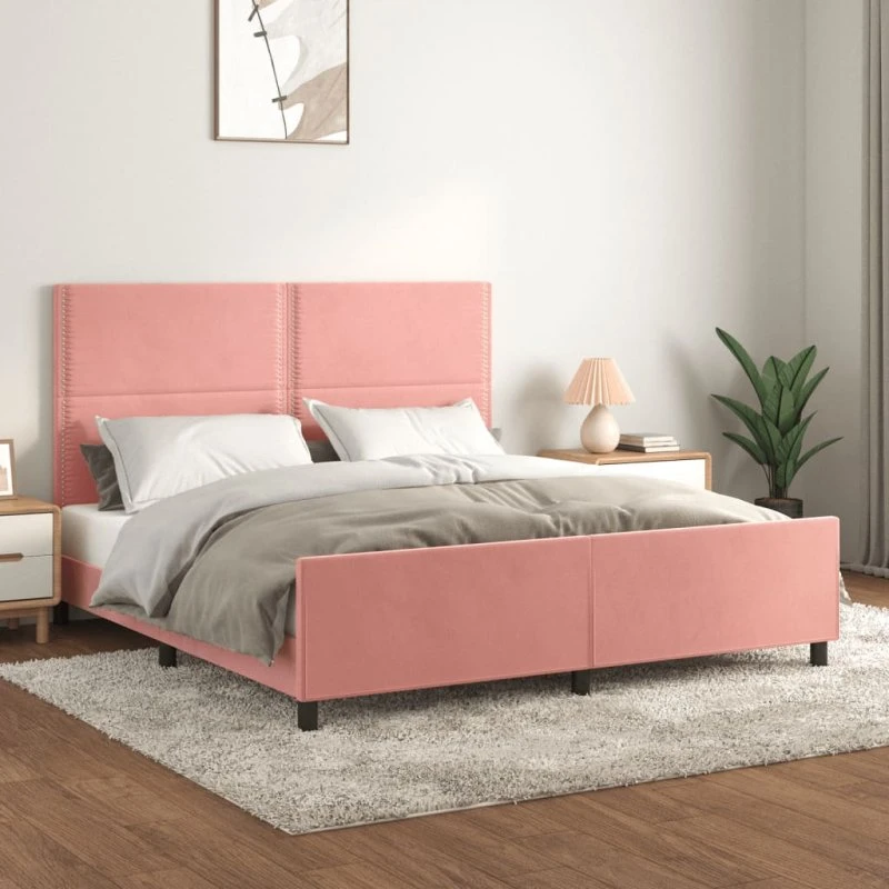 Sengeramme 160x200 fløjl med justerbar sengegavl – pink