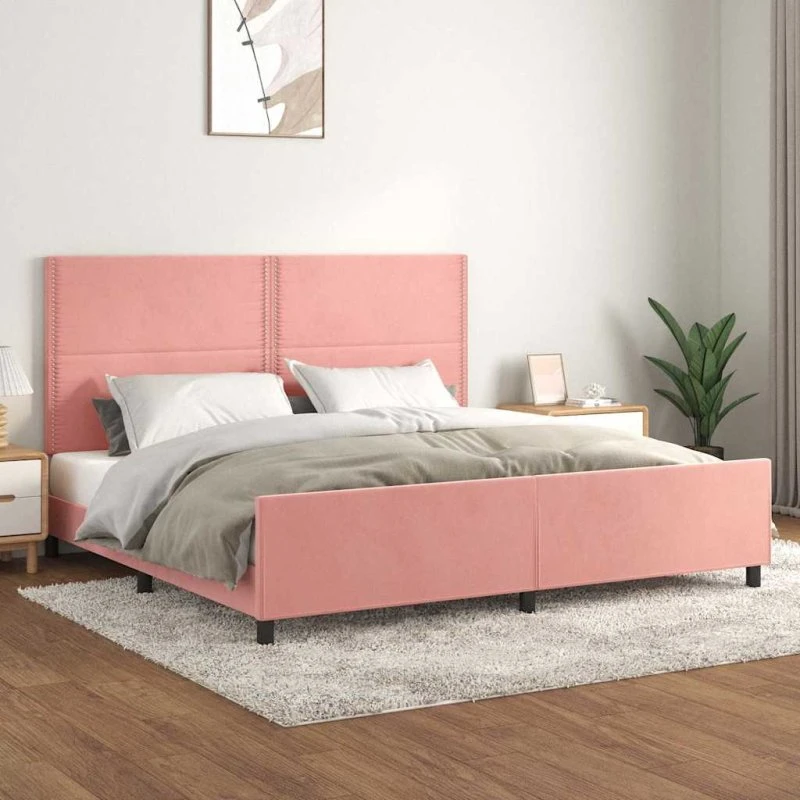 Sengeramme 200x200 med sengegavl i fløjl - pink