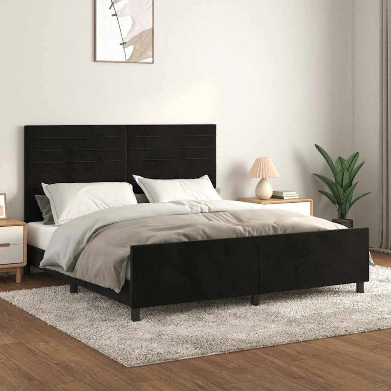 Sengeramme 160x200 Fløjl - Sort, Justerbar Sengegavl