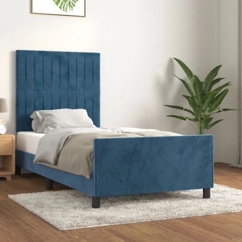 Sengeramme 90x190 cm i mørkeblå fløjl med sengegavl