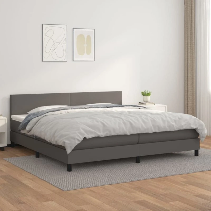 Kontinentalseng 200x200 cm i gråt kunstlæder med madras