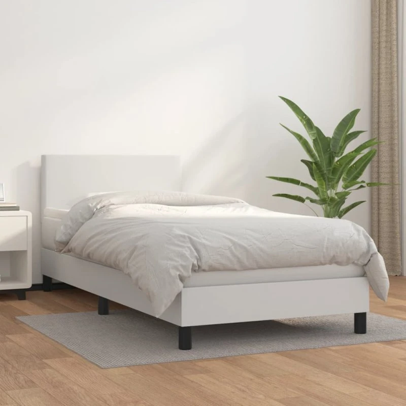 Kontinentalseng 90x200 cm i hvidt kunstlæder med madras