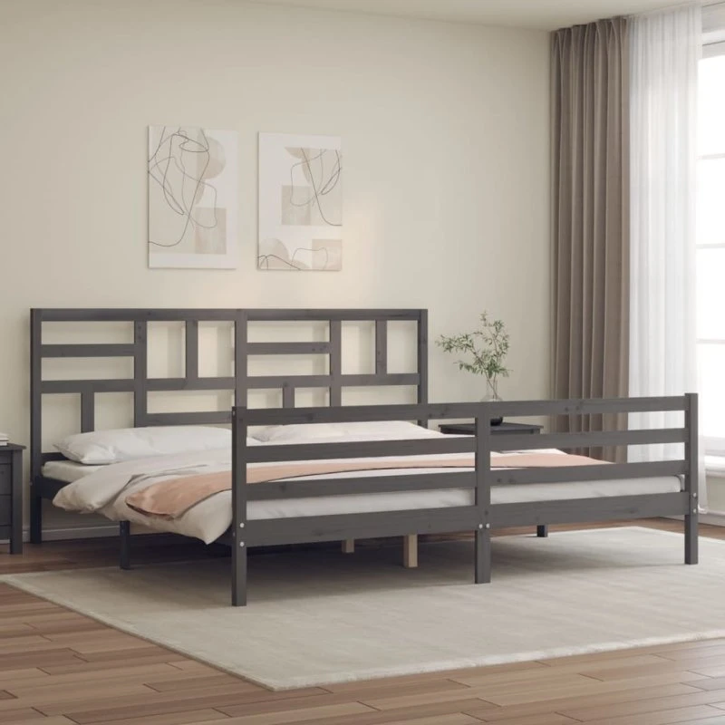 Sengeramme med gavl 200x200 cm i massivt fyrretræ, grå