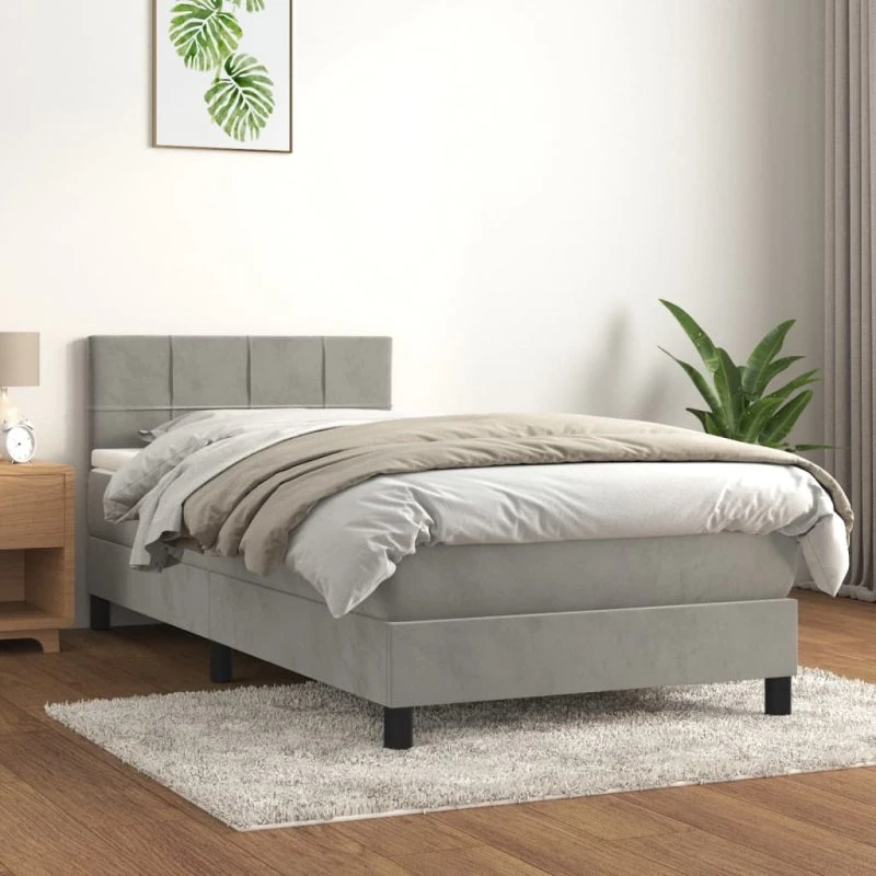 Kontinentalseng 100x200 cm i lysegrå fløjl med pocketmadras