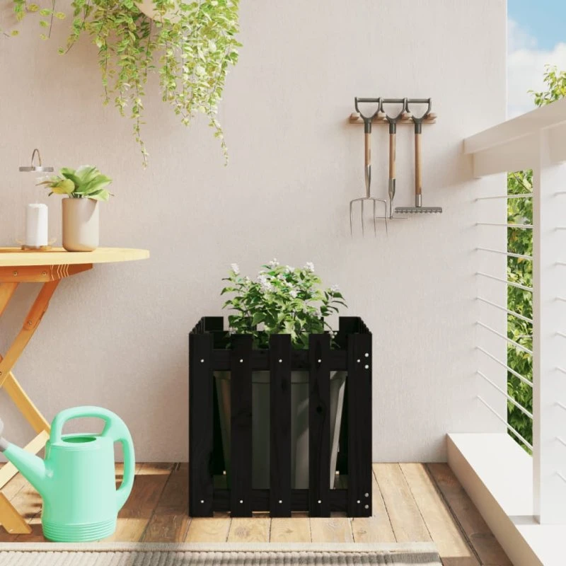Plantekasse stakitdesign 50x50x50 cm i massivt fyrretræ, sort