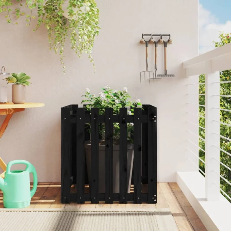 Plantekasse med stakitdesign 70x70x70 cm – sort fyrretræ