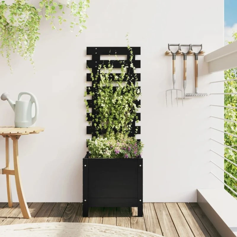 Plantekasse med stativ i massivt fyrretræ 39x39,5x114 cm – sort