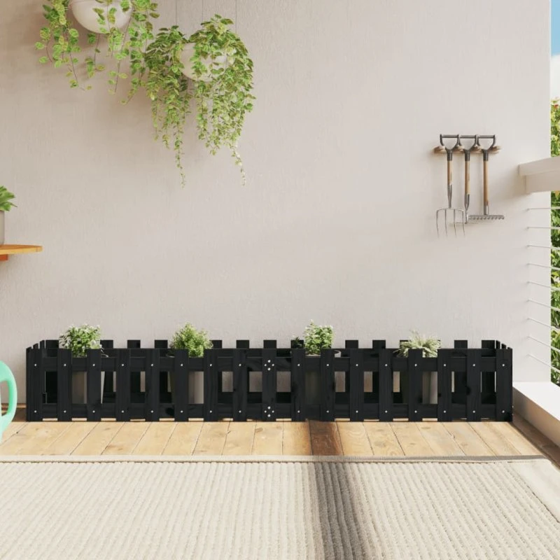 Højbed i massivt fyrretræ 200x30x30 cm – sort stakitdesign