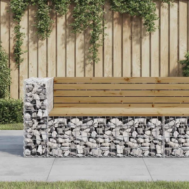 Havebænk med gabiondesign 122x71x65,5 cm – imprægneret fyrretræ