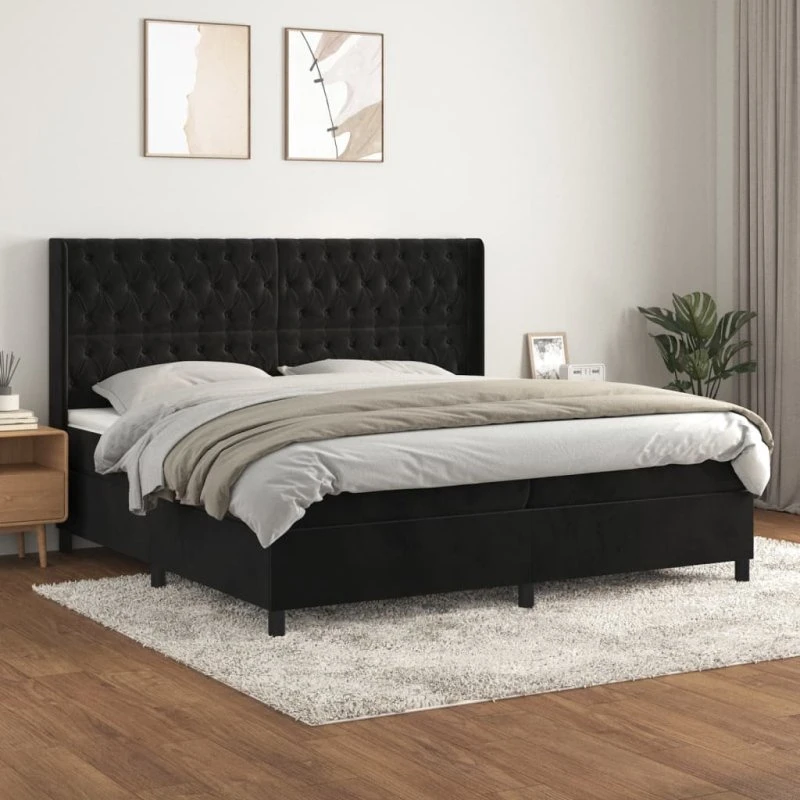 Kontinentalseng 200x200 cm | Sort fløjl & pocketmadras