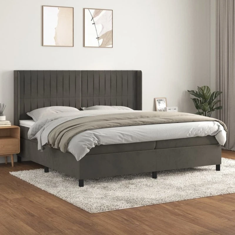 Kontinentalseng 200x200 cm i mørkegrå fløjl med pocketmadras