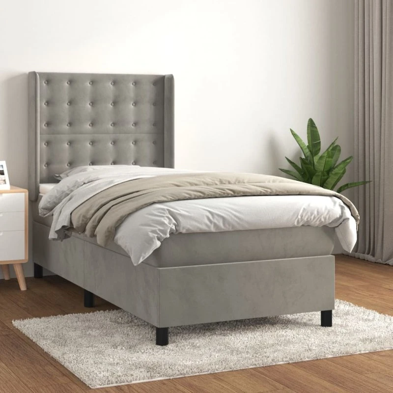 Kontinentalseng 100x200 cm i lysegrå fløjl med pocket-madras