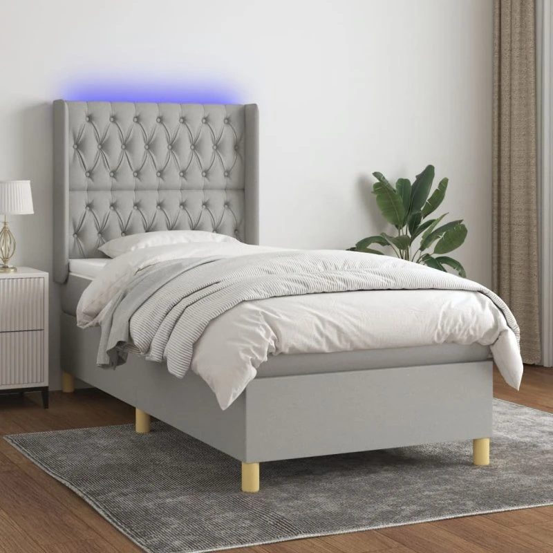 Kontinentalseng 100x200 cm i lysegråt stof med LED-lys