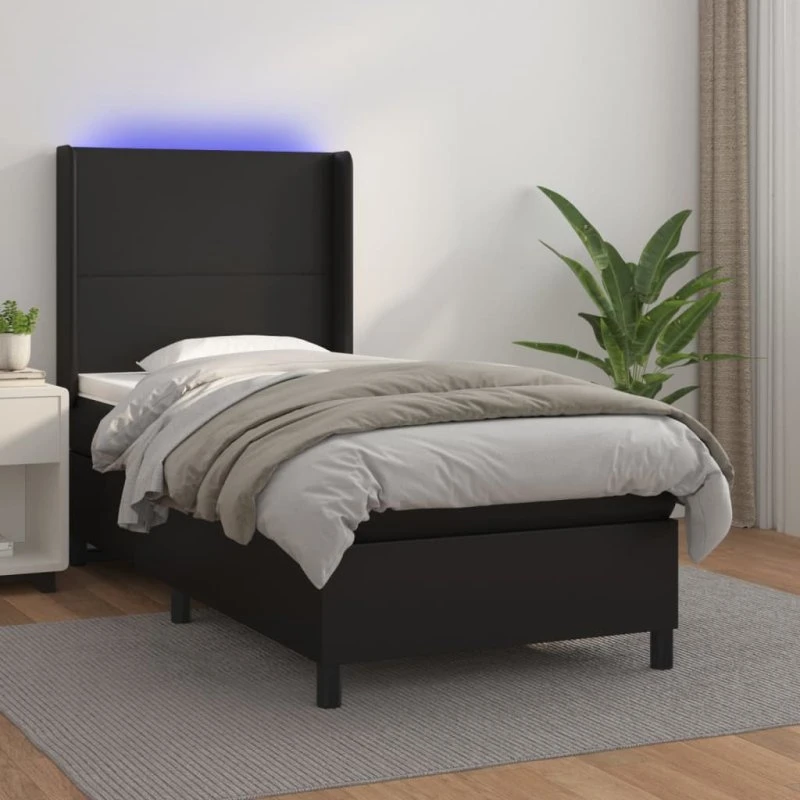 Kontinentalseng 80x200 cm i sort kunstlæder med LED