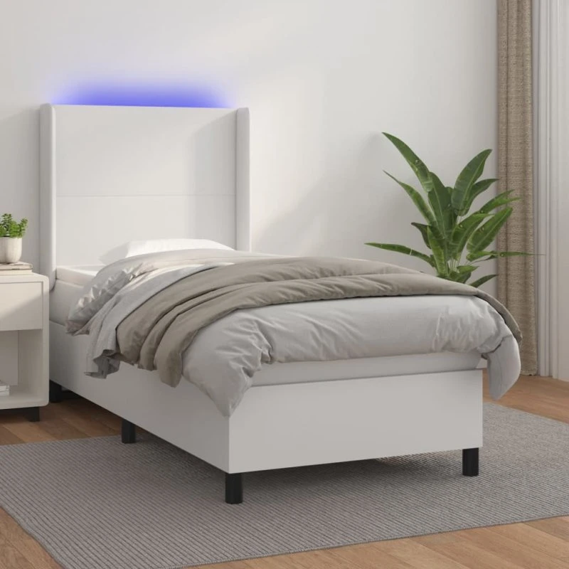 Kontinentalseng 80x200 cm i hvidt kunstlæder med LED