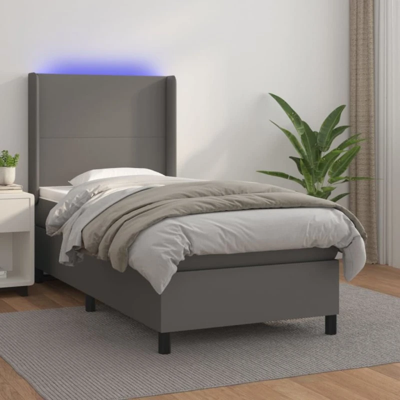 Kontinentalseng 90x190 cm med LED-lys, grå kunstlæder