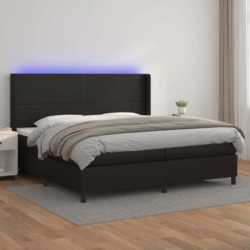 Kontinentalseng 200x200 cm med LED, sort kunstlæder