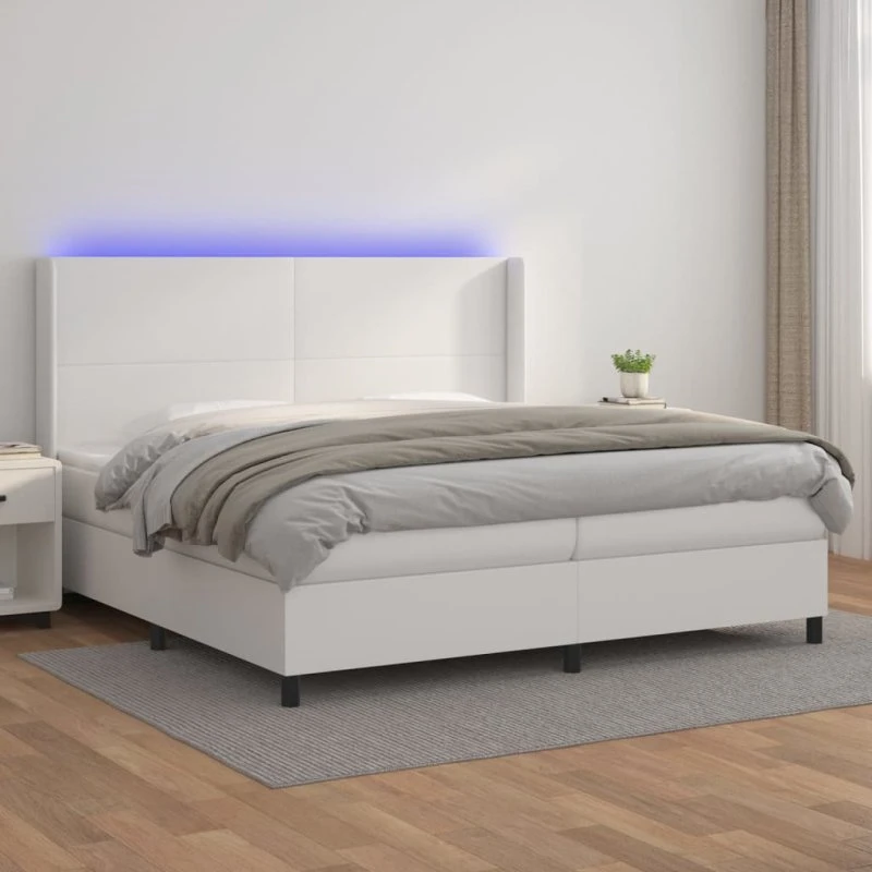 Kontinentalseng 200x200 cm med LED-lys i hvidt kunstlæder