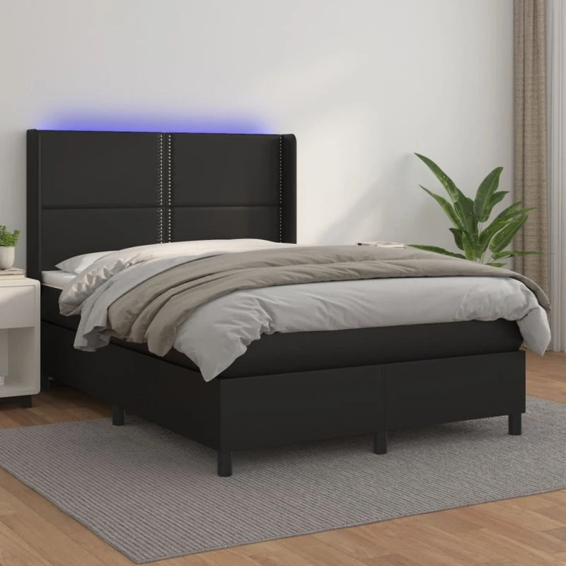 Kontinentalseng 140x200 med LED-lys i sort kunstlæder