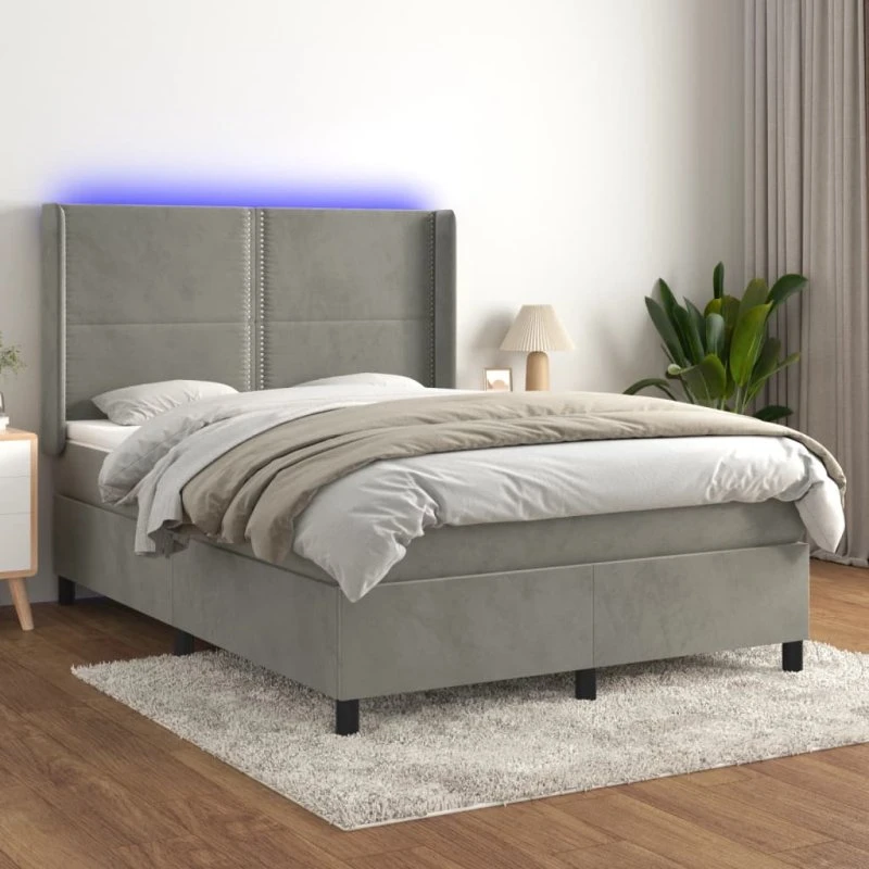 Kontinentalseng 140x190 cm i velour med LED-lys, lysegrå