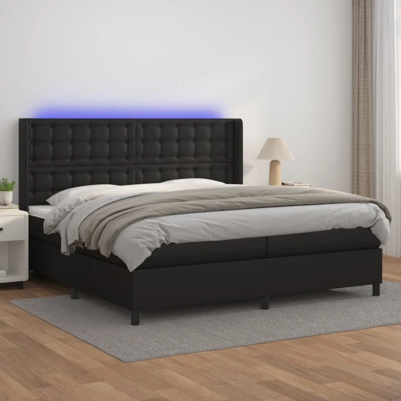 Kontinentalseng 200x200 cm i kunstlæder med LED - Sort