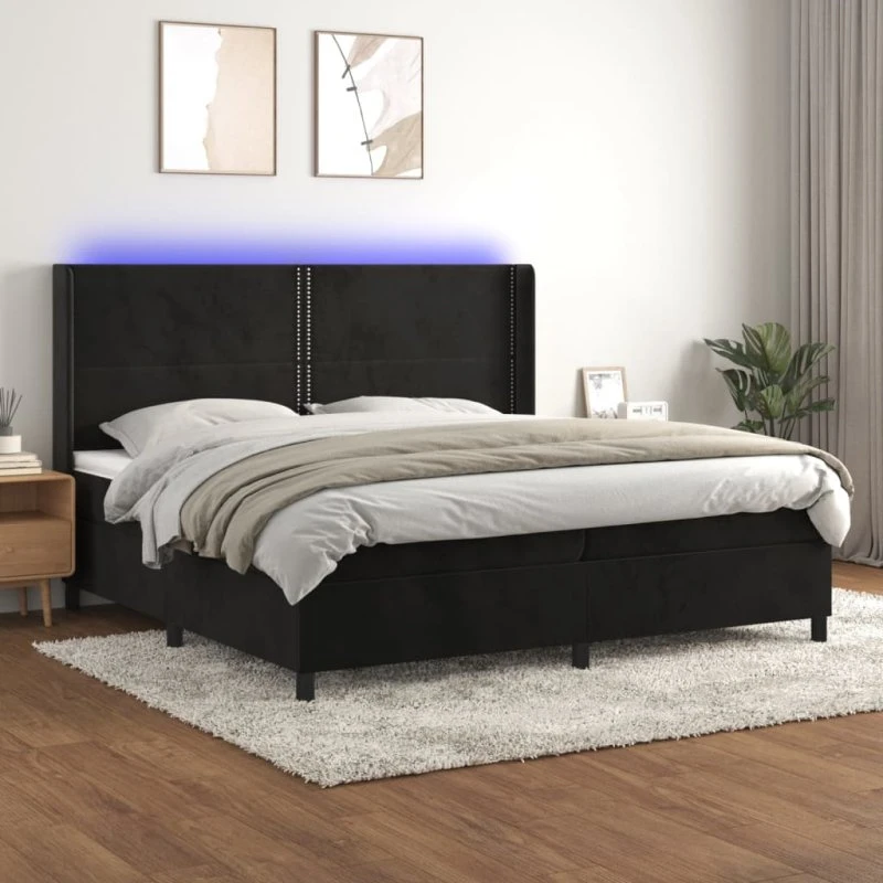 Kontinentalseng 200x200 cm i sort fløjl med LED-lys