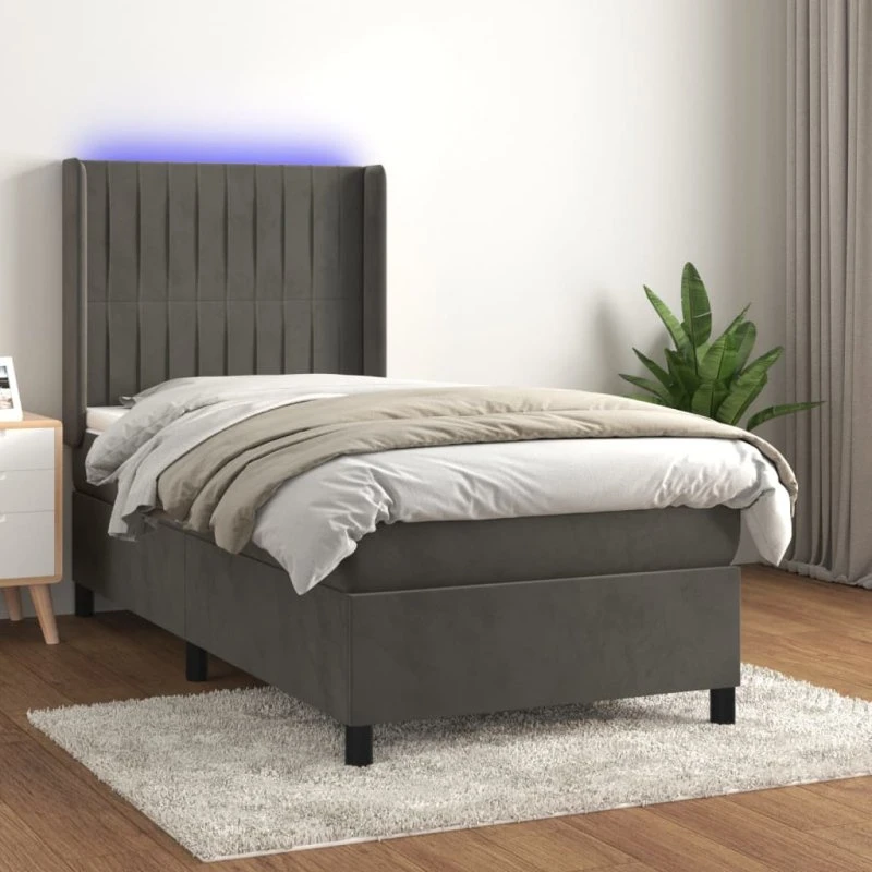 Kontinentalseng 80x200 cm i mørkegrå velour med LED
