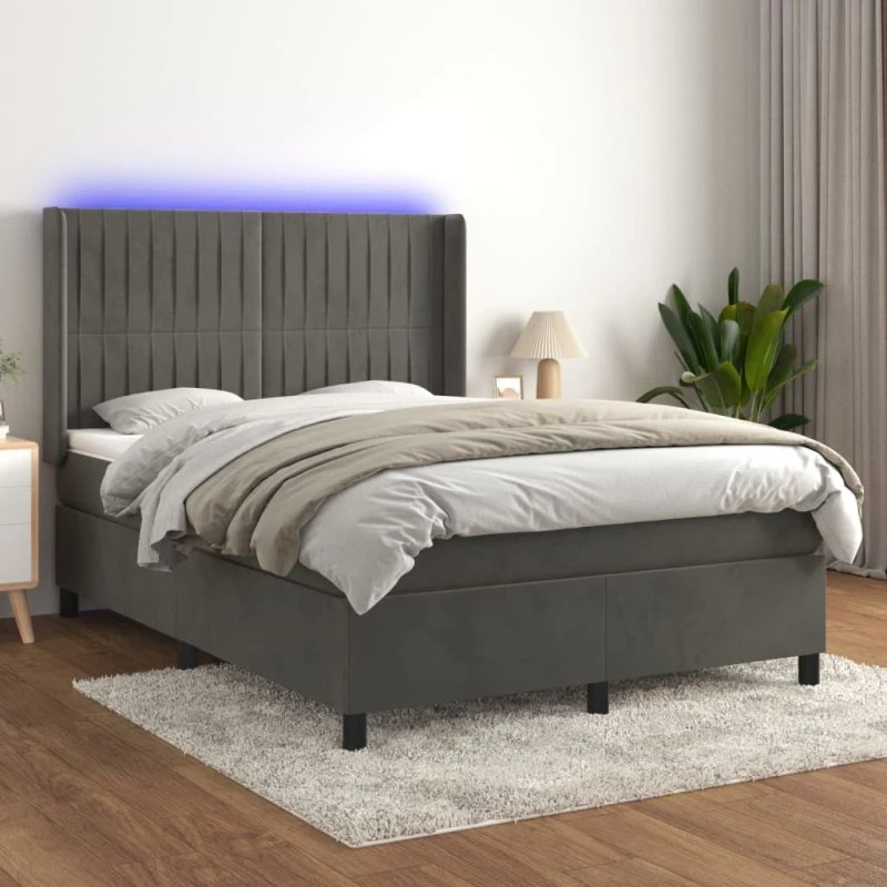 Kontinentalseng 140x190 cm i fløjl med LED-lys - mørkegrå