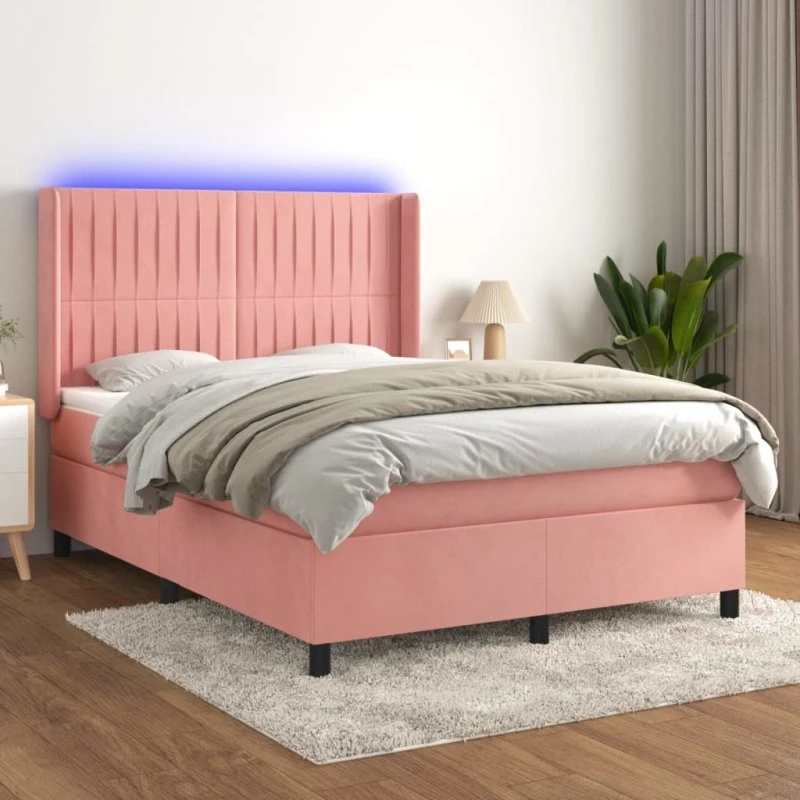 Kontinentalseng 140x190 i fløjl med LED-lys – lyserød