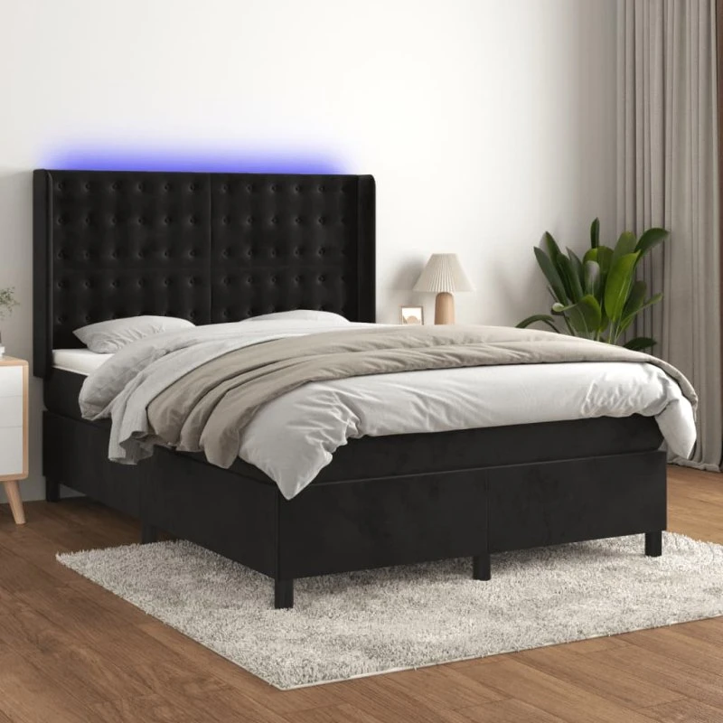 Kontinentalseng 140x190 cm i sort fløjl med LED-lys