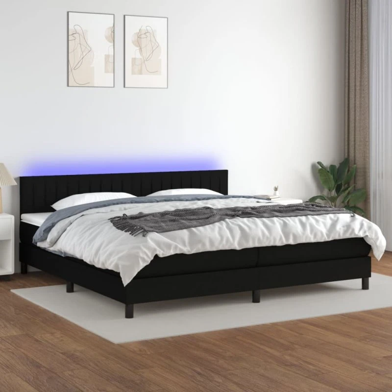 Kontinentalseng 200x200 cm med LED-lys – sort stof