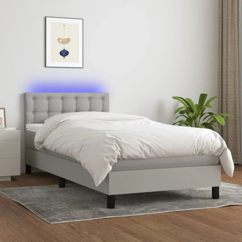 Kontinentalseng 100x200 cm med LED-lys – lysegrå stof