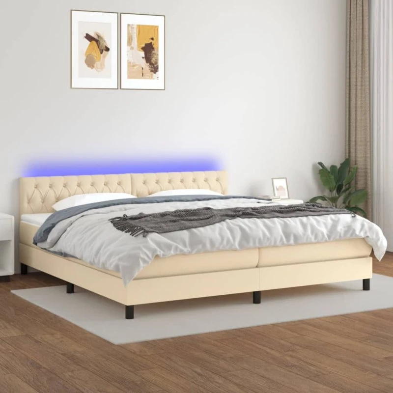 Kontinentalseng 200x200 cm med LED-lys i creme stof