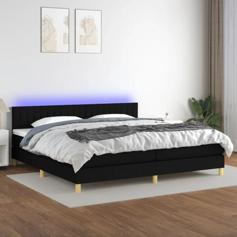 Kontinentalseng 200x200 cm med LED-lys – Sort stof