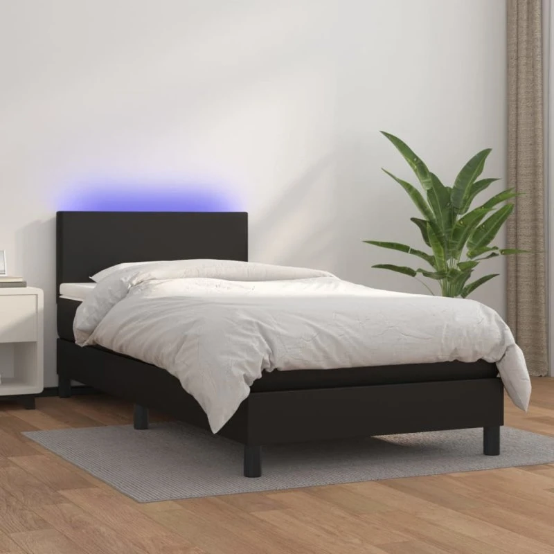 Kontinentalseng 80x200 cm i sort kunstlæder med LED-lys