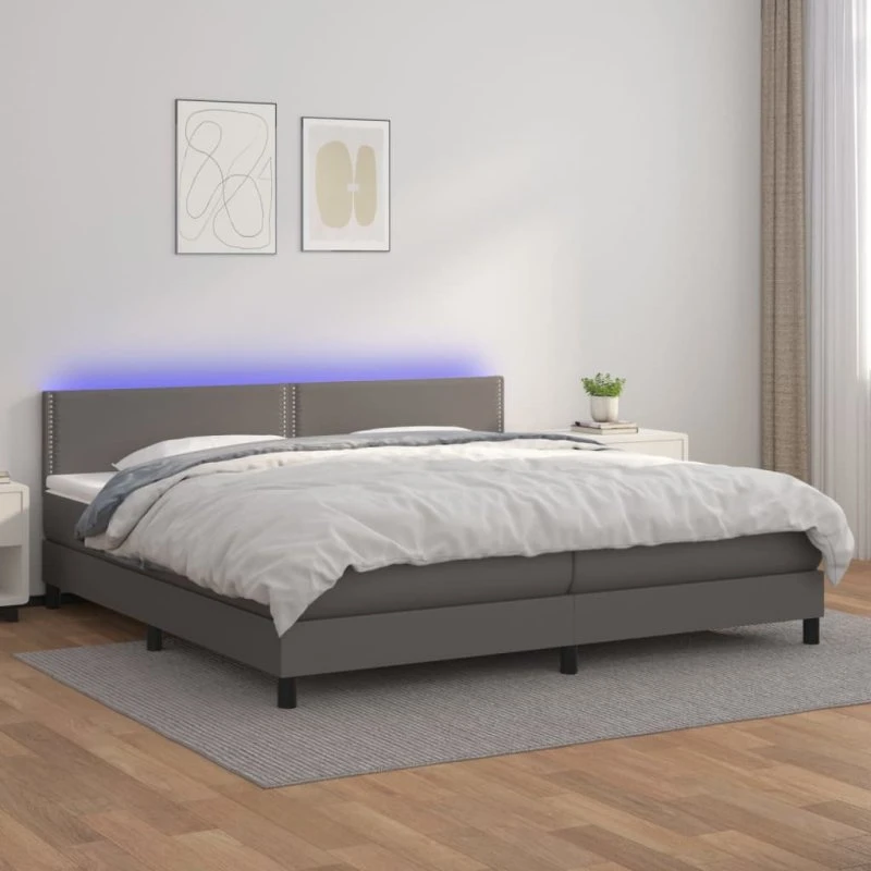 Kontinentalseng 200x200 cm i gråt kunstlæder med LED-lys