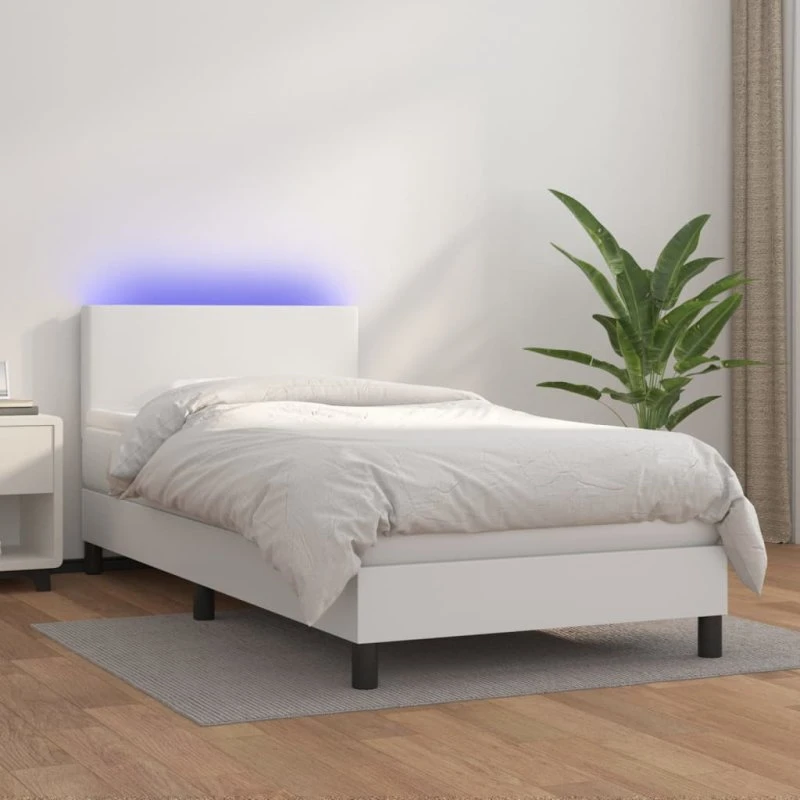 Kontinentalseng 90x190 cm i hvidt kunstlæder med LED-lys