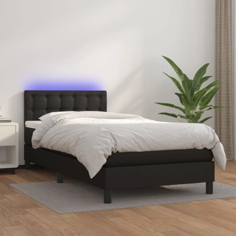 Kontinentalseng 90x200 med LED-lys og kunstlæder, sort
