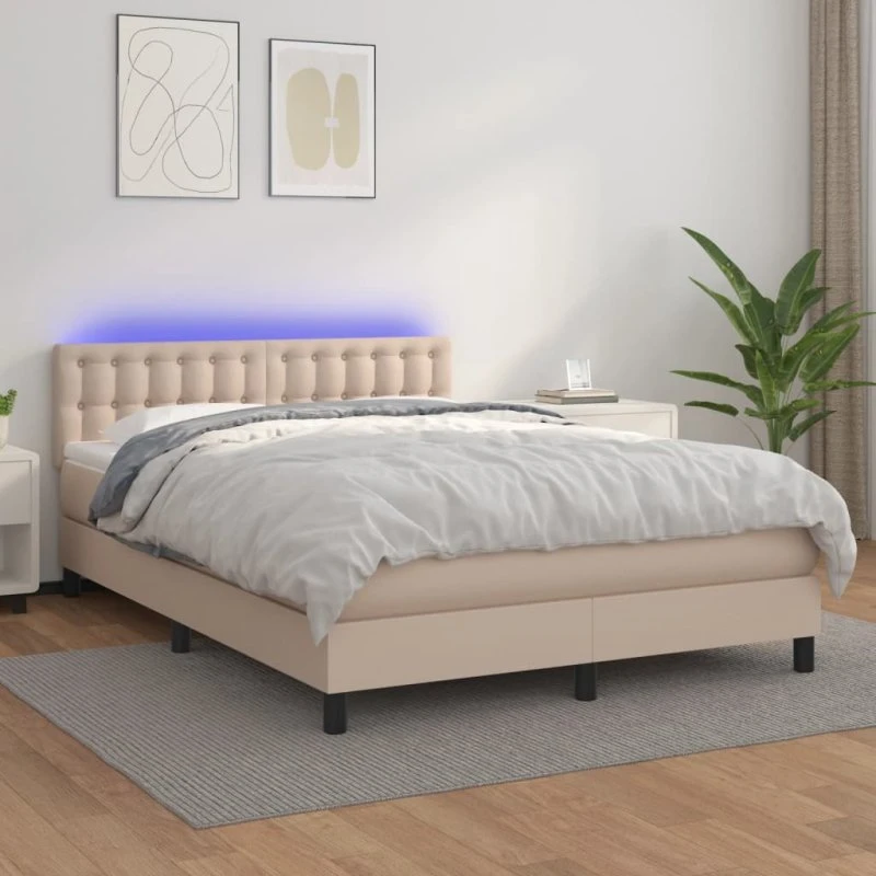 Kontinentalseng 140x190 cm med LED & kunstlæder cappuccino