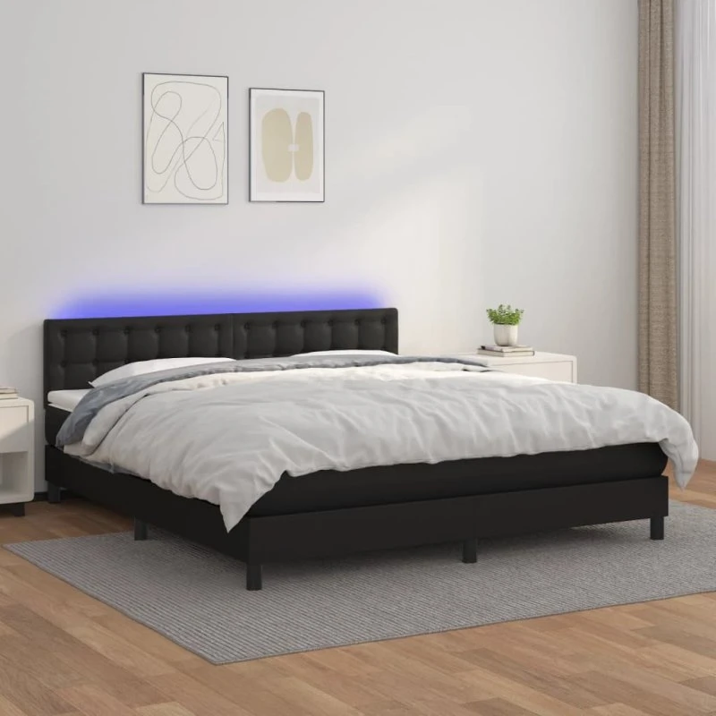 Kontinentalseng 180x200 med LED-lys i sort kunstlæder