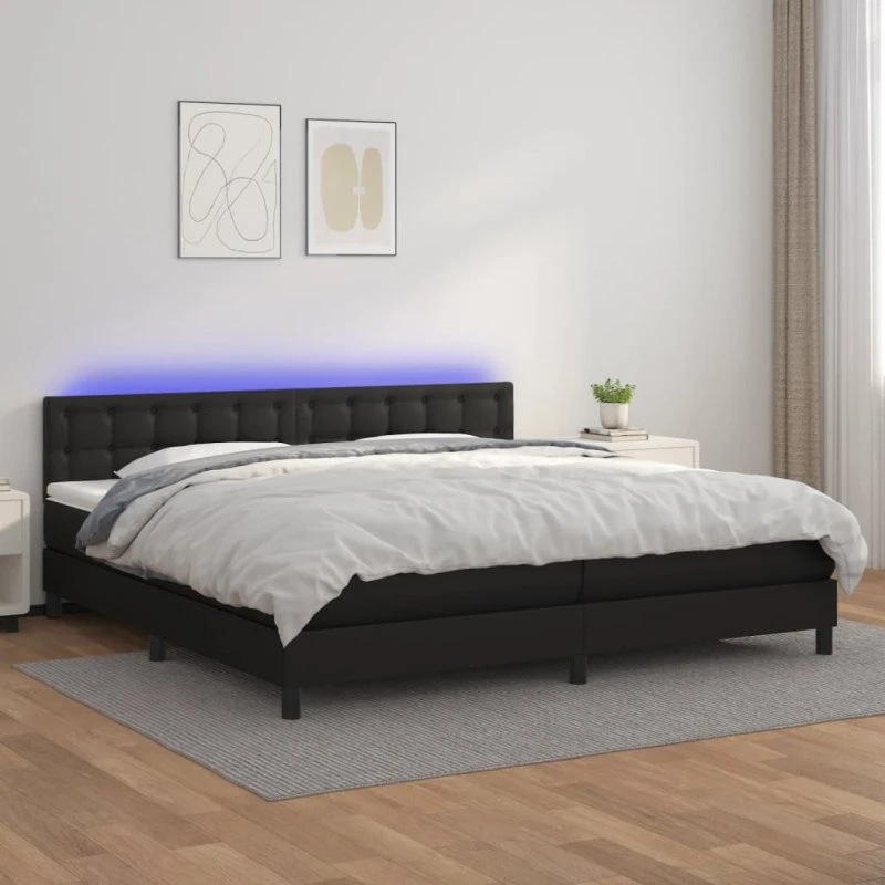 Kontinentalseng 200x200 cm i sort kunstlæder med LED-lys