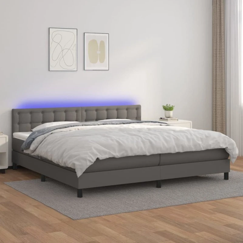 Kontinentalseng 200x200 cm med LED-lys i gråt kunstlæder