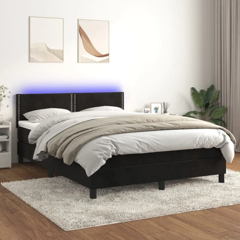 Kontinentalseng 140x190 cm i sort fløjl med madras & LED