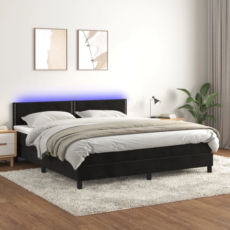 Kontinentalseng 180x200 med madras & LED i sort fløjl