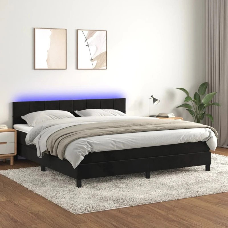 Kontinentalseng 160x200 fløjl med madras & LED-lys, sort