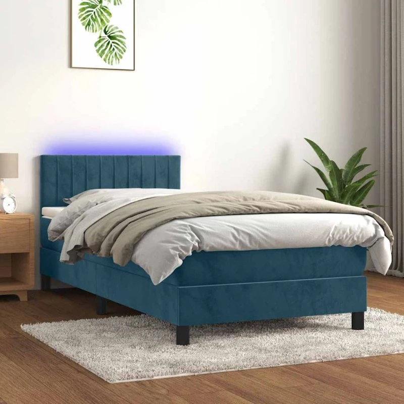 Kontinentalseng 100x200 cm med madras & RGB LED, mørkeblå fløjl